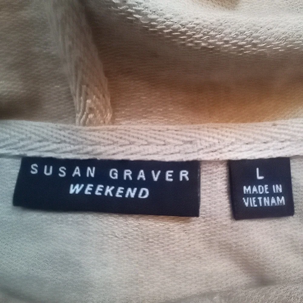Susan Graver Weekend Jacket Coat Oatmeal French Terry Embellished Printed Size L